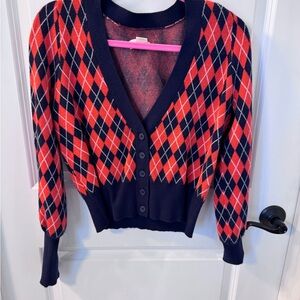 Anthropologie Red and Navy Argyle Cardigan